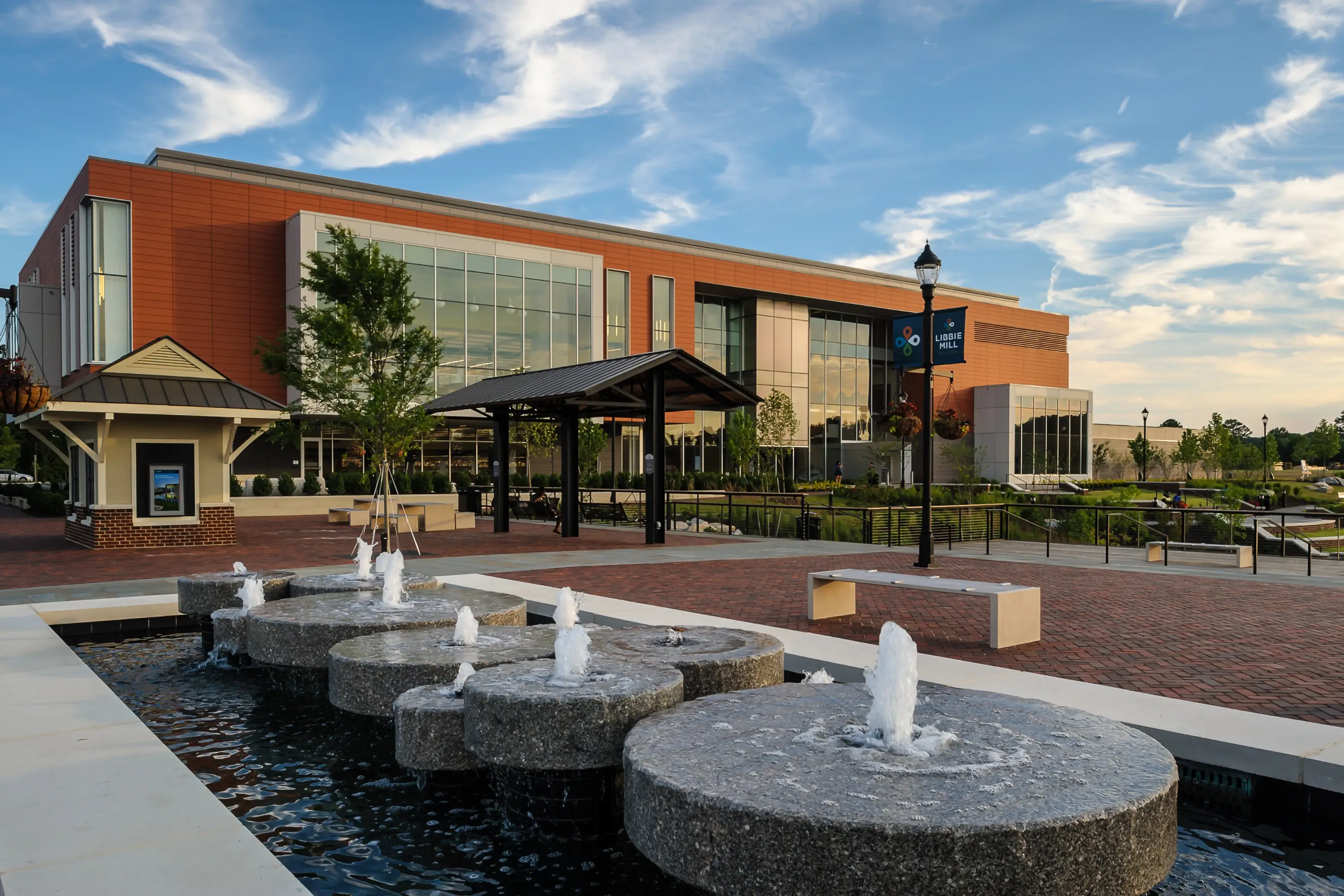 Water fountains in front of Libbie Mill