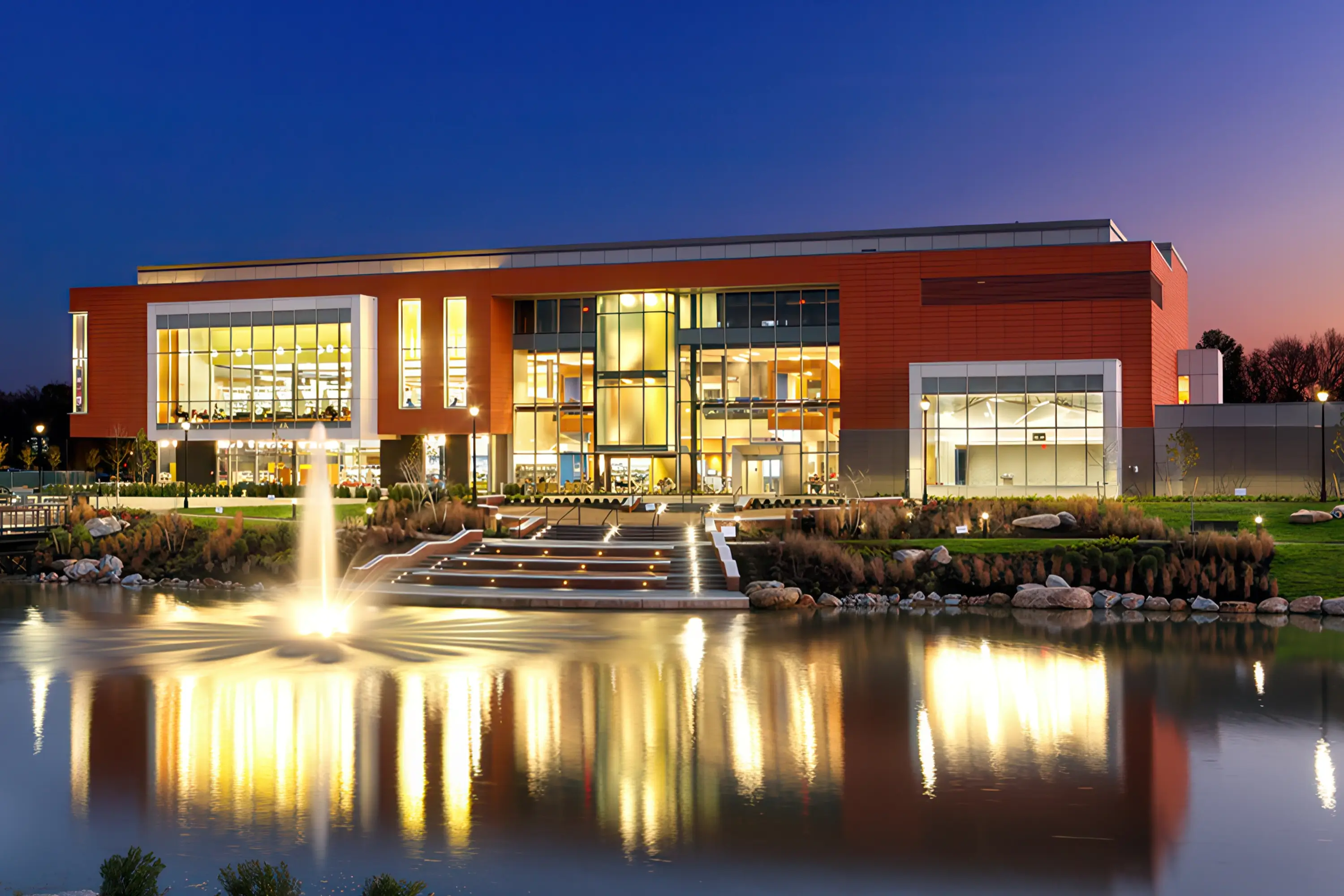 The pond in front of the Libbie Mill Library
