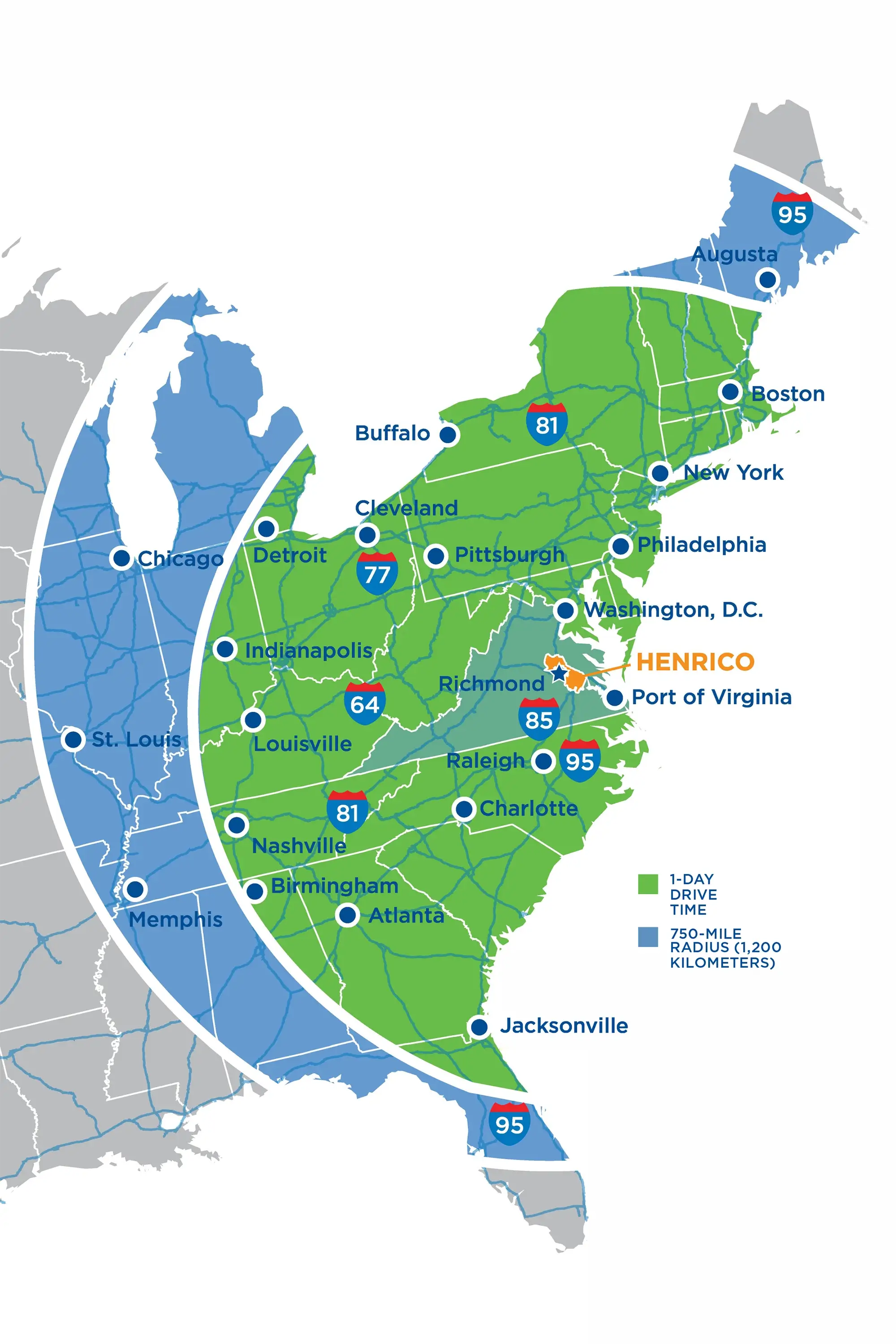 A map showing a radius around Henrico of the average driving distance
