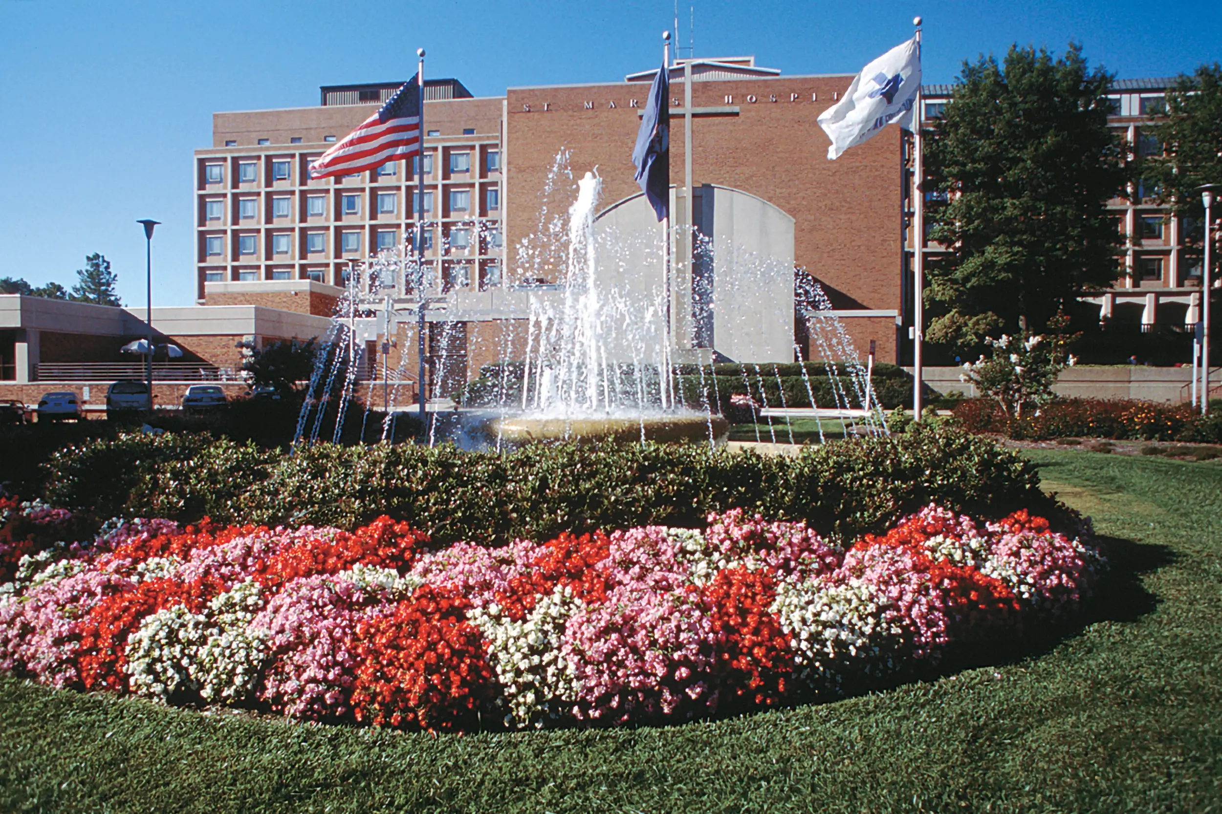 The water fountains in front of the St. Mary's Hospital